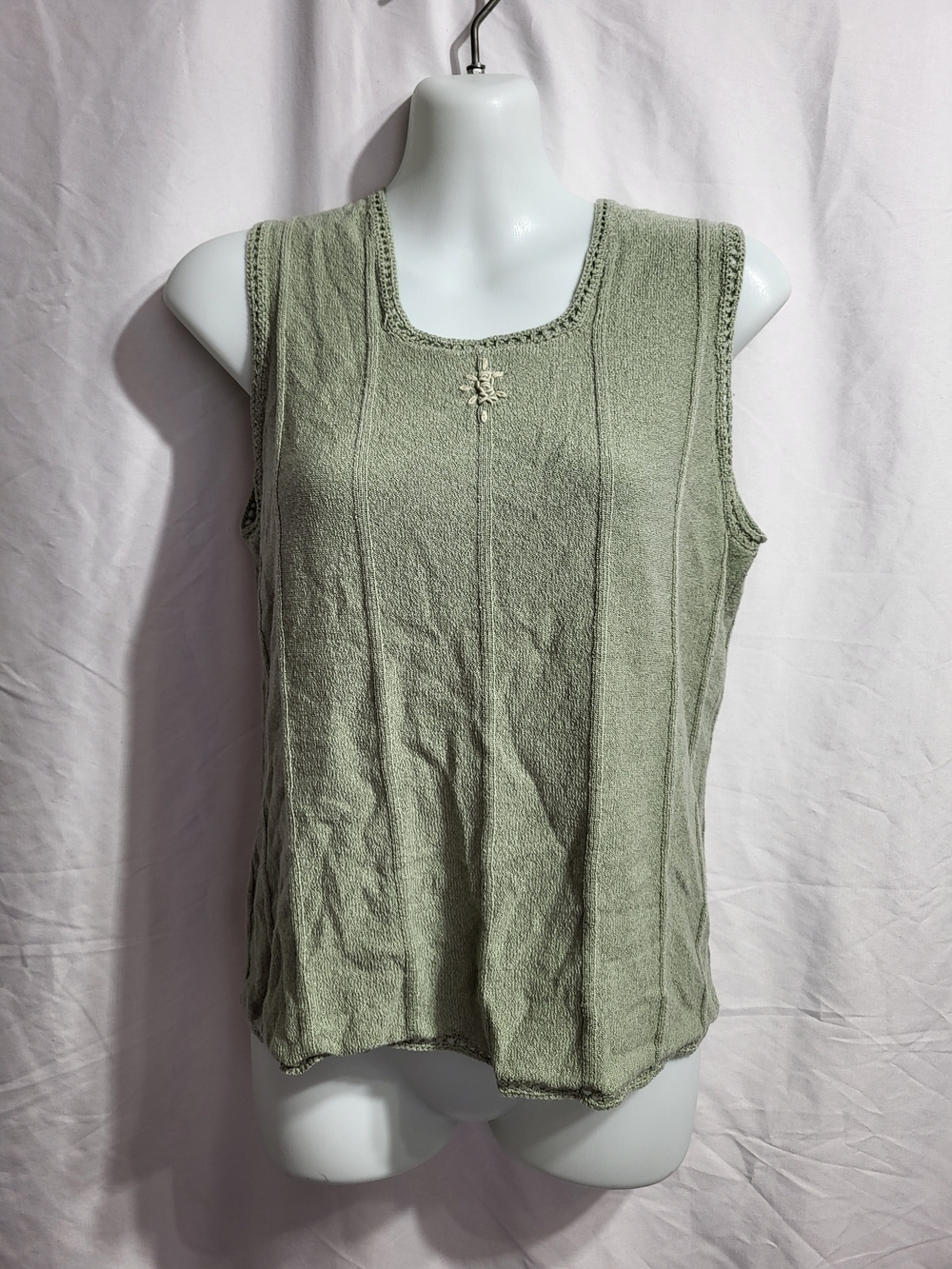 Jessica Light Sage Knit Tank with Crochet Trim, Size Small